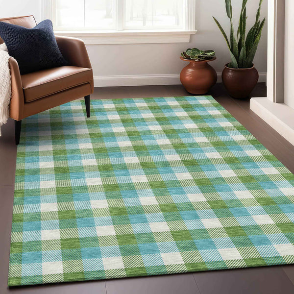 5' X 8' Lime Green Aqua And Beige Plaid Washable Indoor Outdoor Area Rug