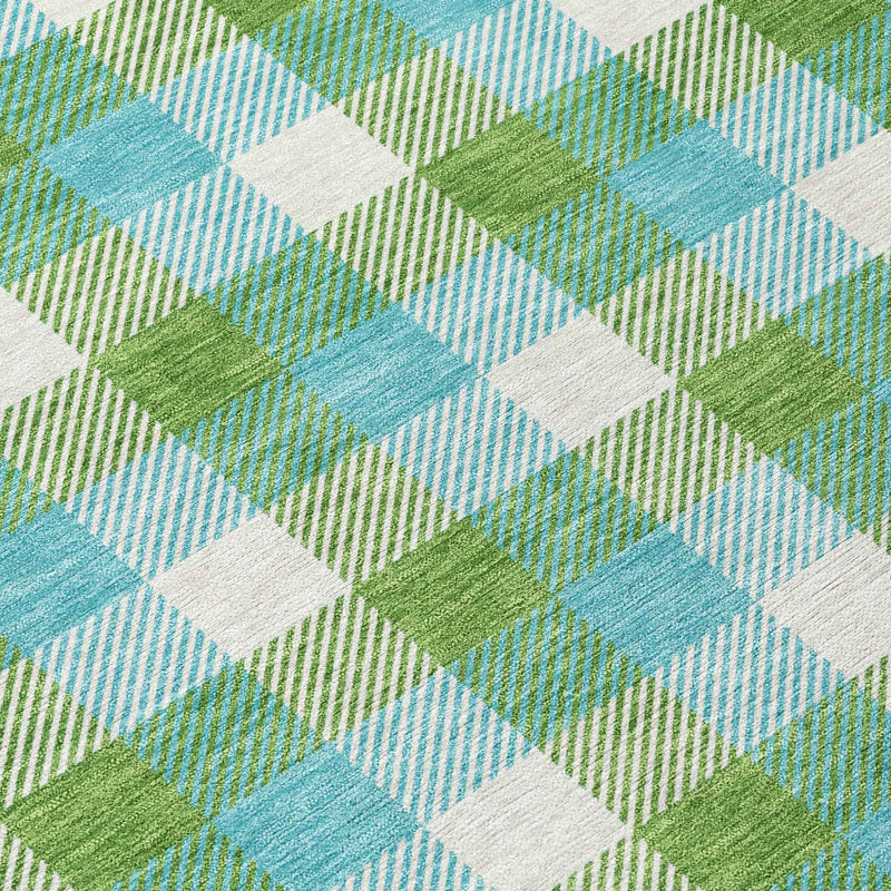 5' X 8' Lime Green Aqua And Beige Plaid Washable Indoor Outdoor Area Rug