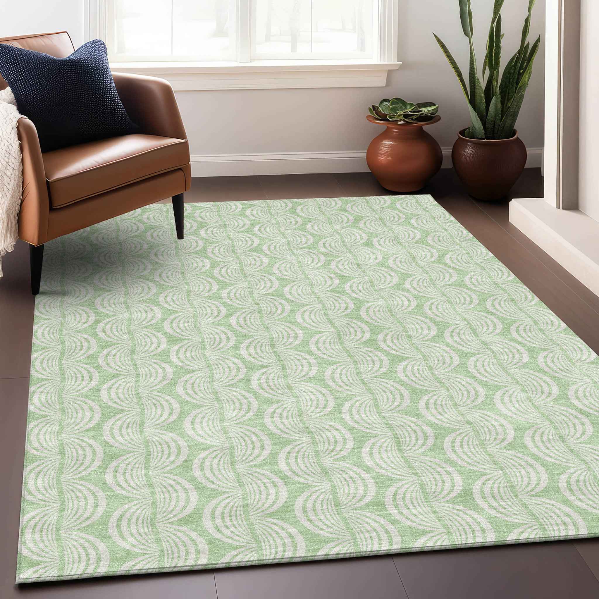 8' X 10' Mint Green And Beige Ogee Washable Indoor Outdoor Area Rug