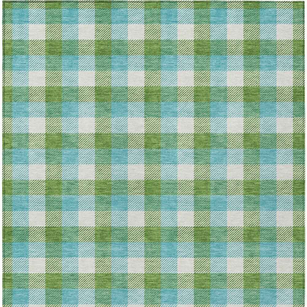 5' X 8' Lime Green Aqua And Beige Plaid Washable Indoor Outdoor Area Rug