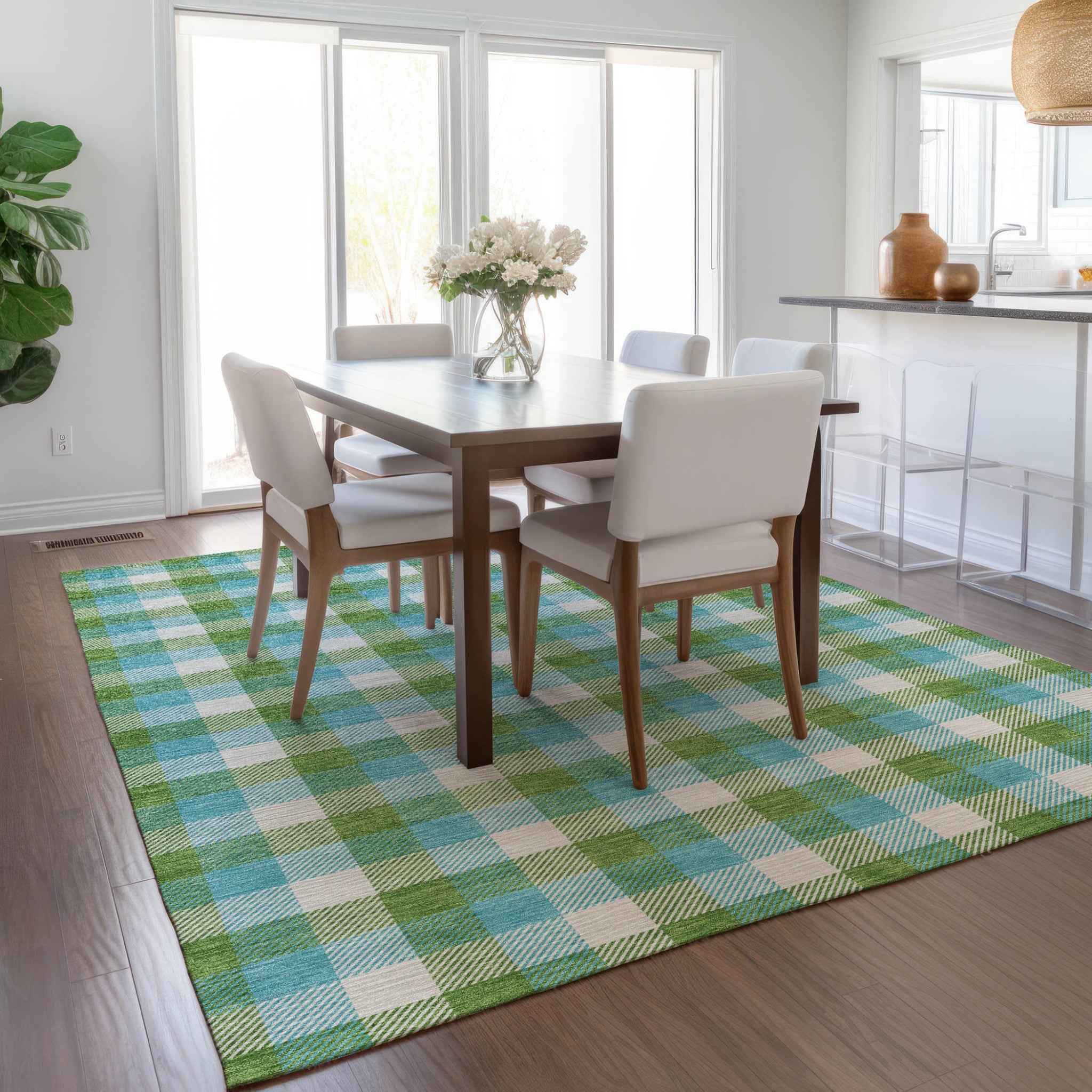 5' X 8' Lime Green Aqua And Beige Plaid Washable Indoor Outdoor Area Rug