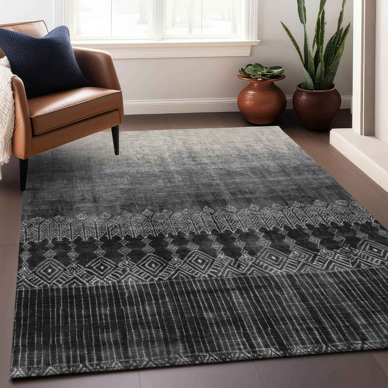 3' X 5' Black Ivory And Gray Ombre Washable Indoor Outdoor Area Rug