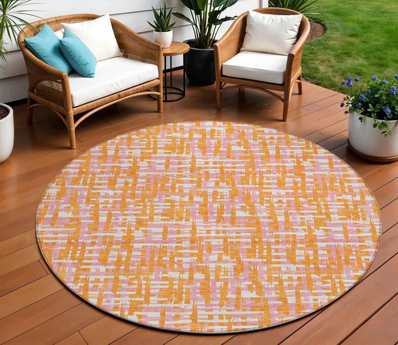 8' Orange Pink And Beige Round Abstract Washable Indoor Outdoor Area Rug