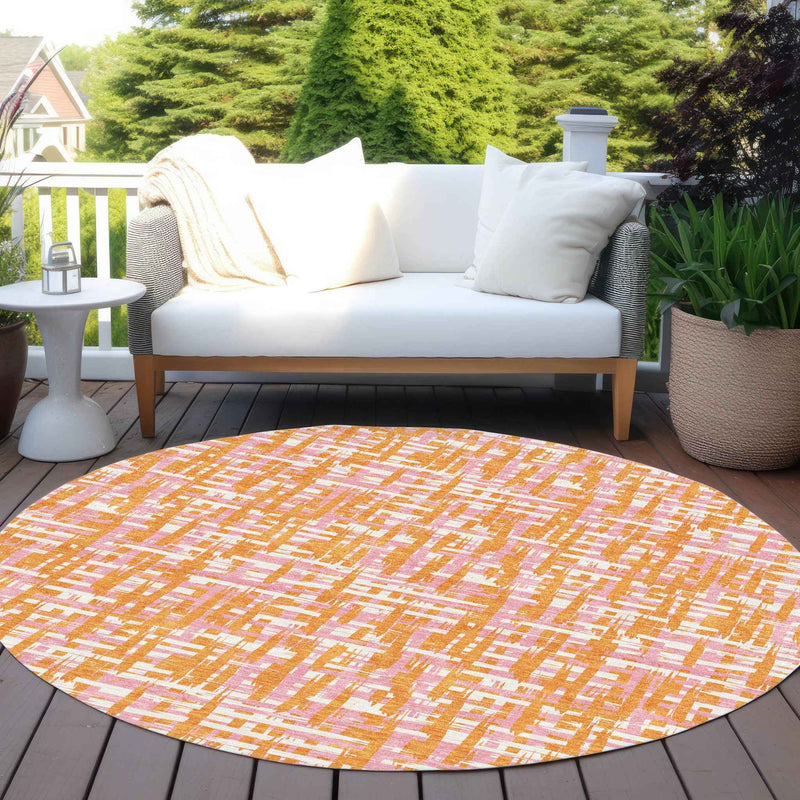 8' Orange Pink And Beige Round Abstract Washable Indoor Outdoor Area Rug