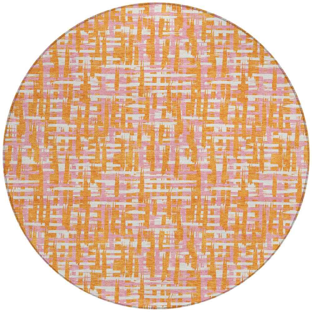8' Orange Pink And Beige Round Abstract Washable Indoor Outdoor Area Rug