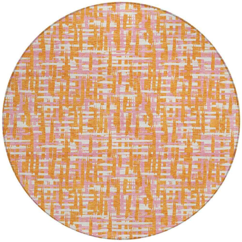 8' Orange Pink And Beige Round Abstract Washable Indoor Outdoor Area Rug
