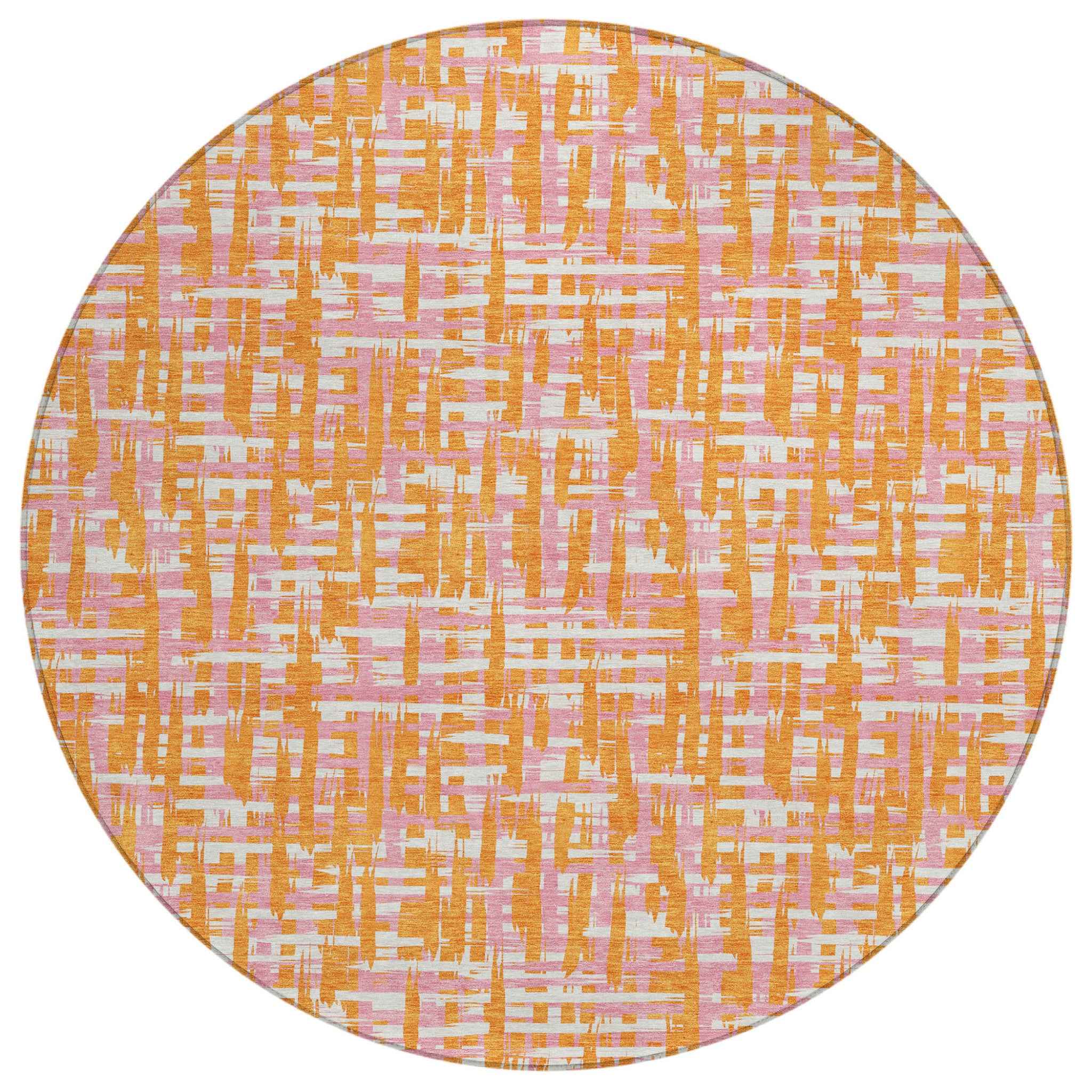 8' Orange Pink And Beige Round Abstract Washable Indoor Outdoor Area Rug