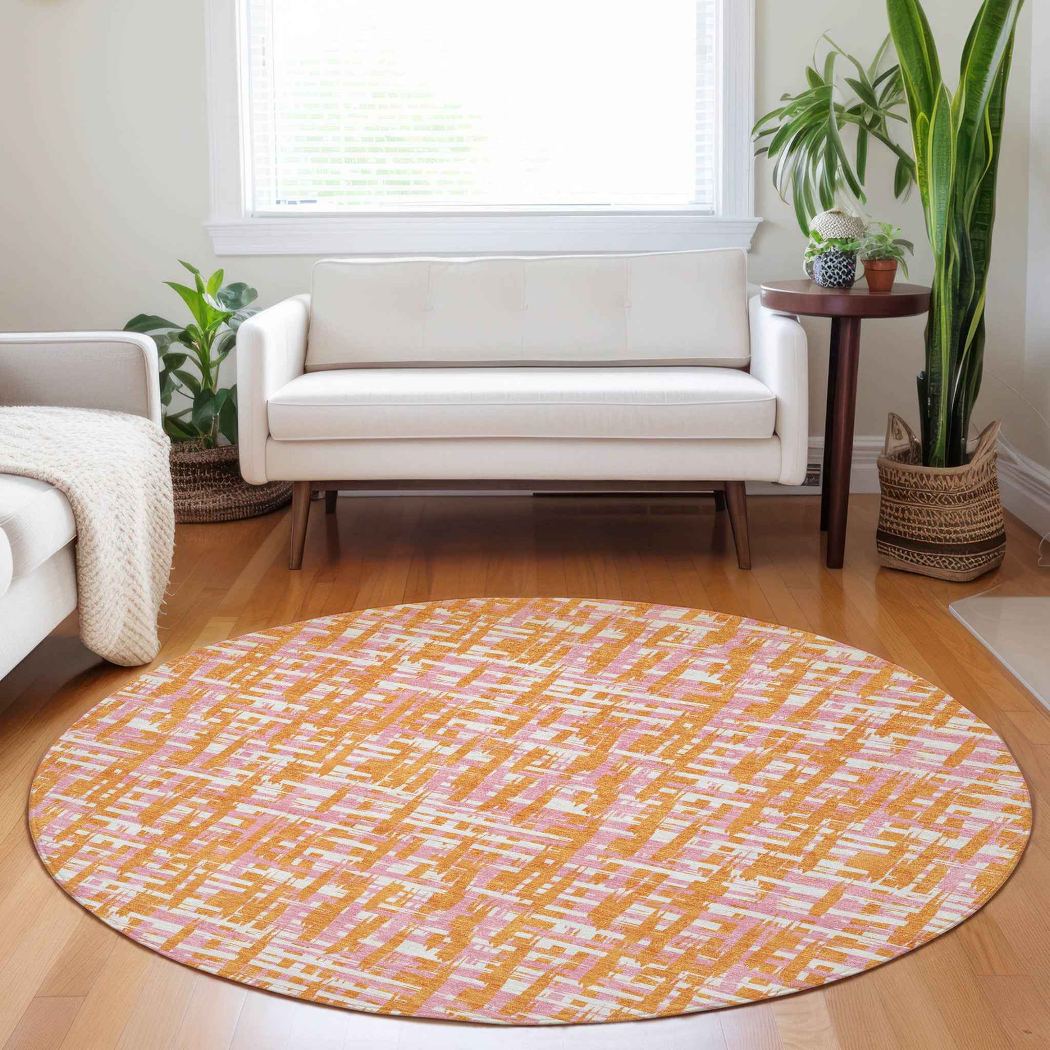 8' Orange Pink And Beige Round Abstract Washable Indoor Outdoor Area Rug