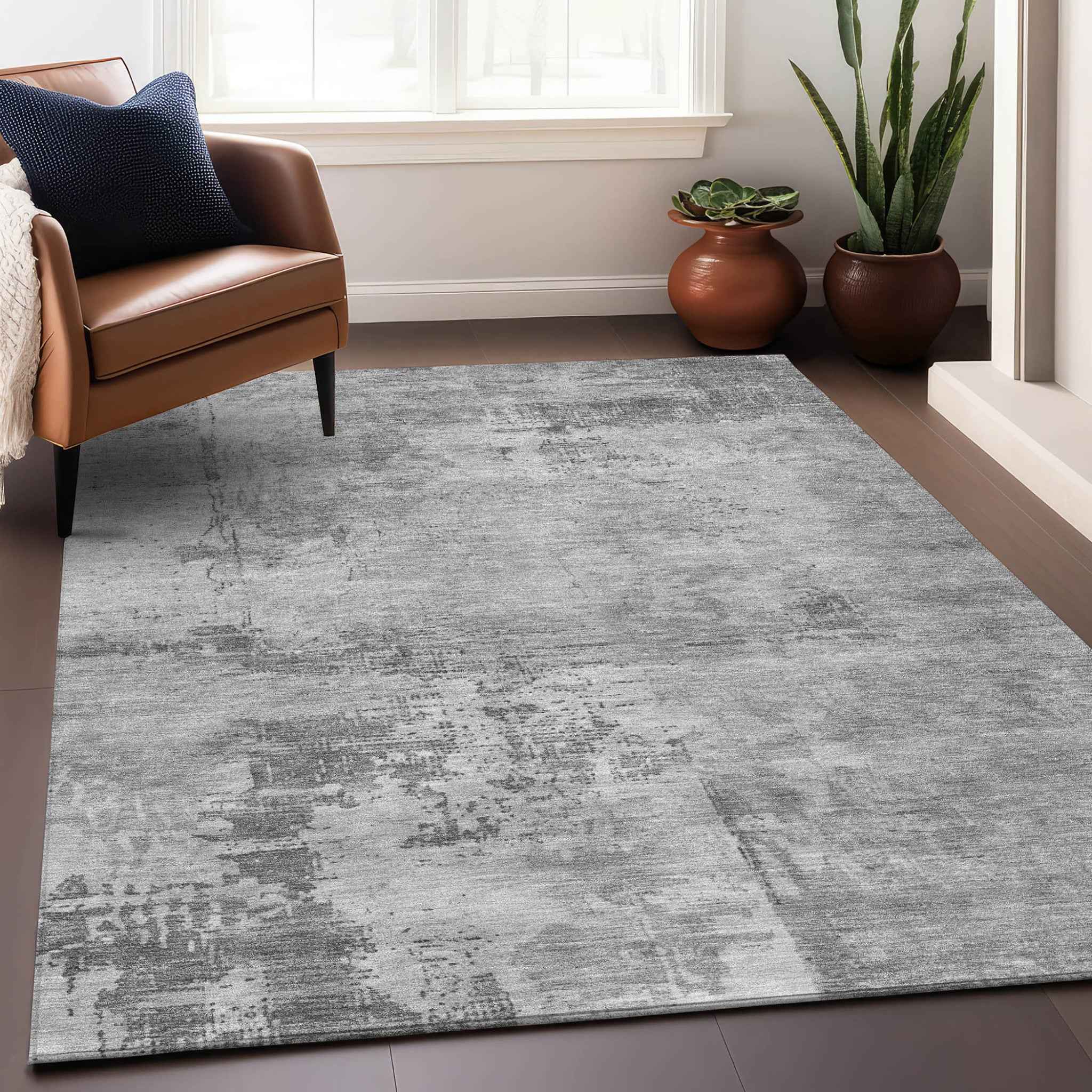 3' X 5' Gray And Silver Abstract Washable Indoor Outdoor Area Rug