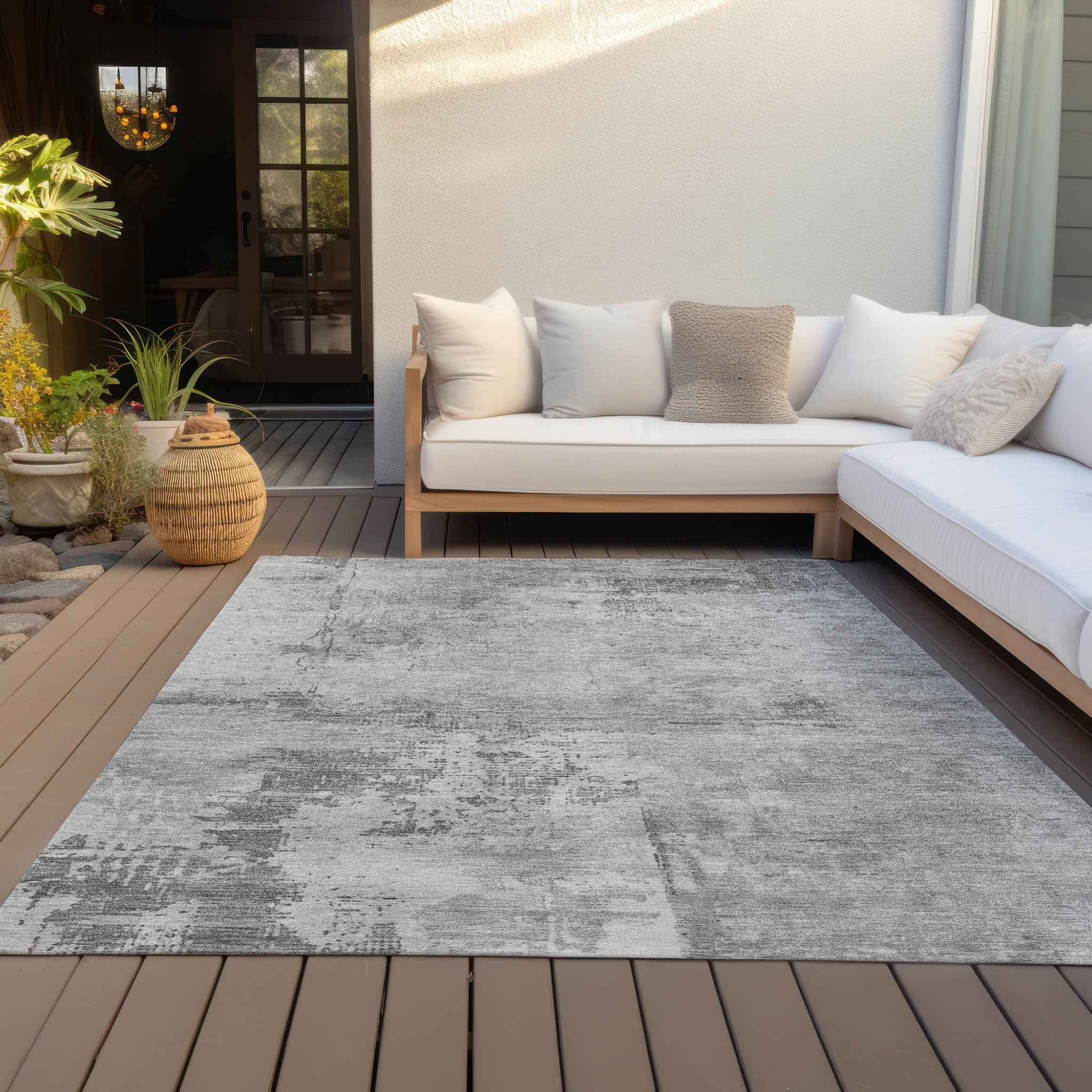 3' X 5' Gray And Silver Abstract Washable Indoor Outdoor Area Rug