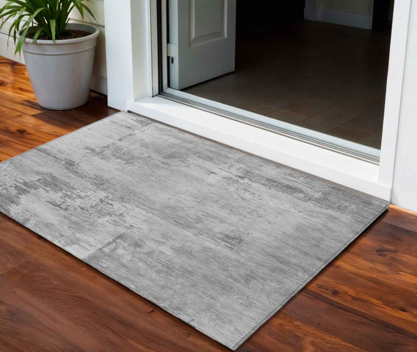 3' X 5' Gray And Silver Abstract Washable Indoor Outdoor Area Rug