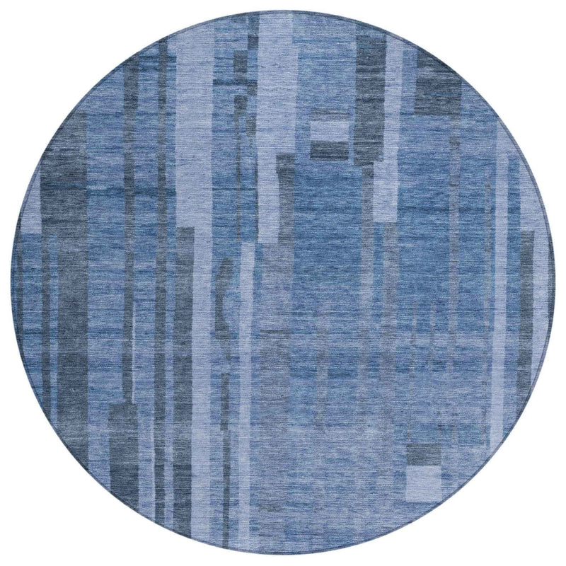 8' Navy Blue And Gray Round Striped Washable Indoor Outdoor Area Rug