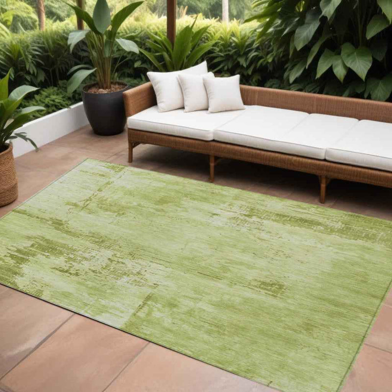 9' X 12' Lime Green And Ivory Abstract Washable Indoor Outdoor Area Rug