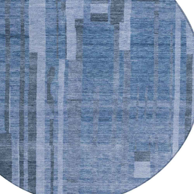 8' Navy Blue And Gray Round Striped Washable Indoor Outdoor Area Rug