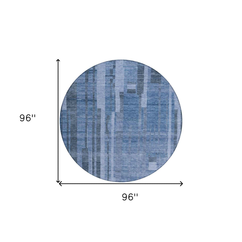 8' Navy Blue And Gray Round Striped Washable Indoor Outdoor Area Rug
