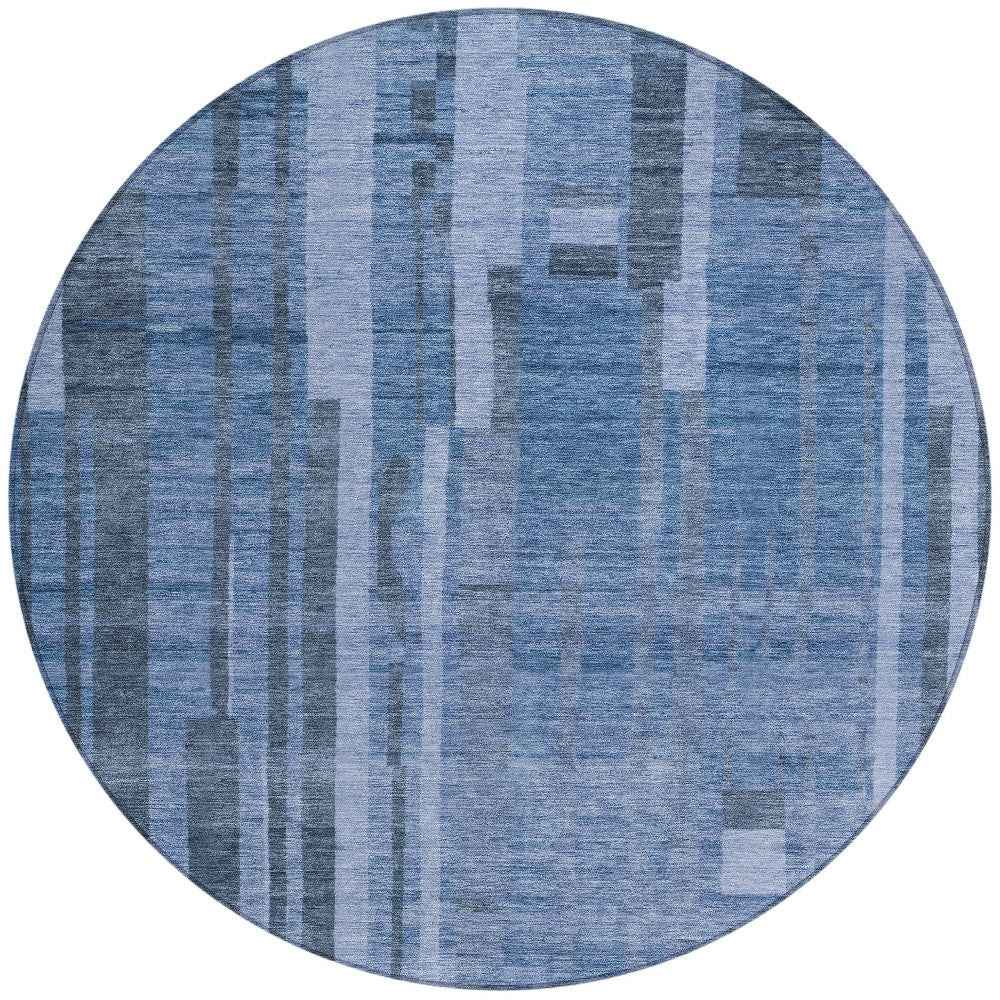 8' Navy Blue And Gray Round Striped Washable Indoor Outdoor Area Rug