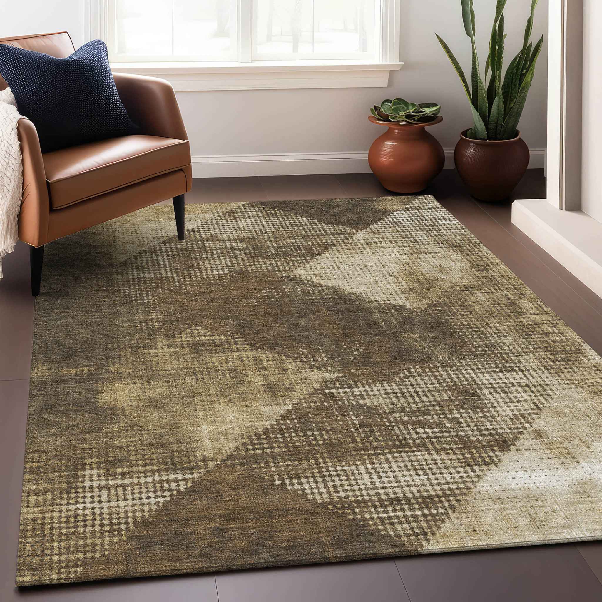 10' X 14' Brown And Beige Geometric Washable Indoor Outdoor Area Rug