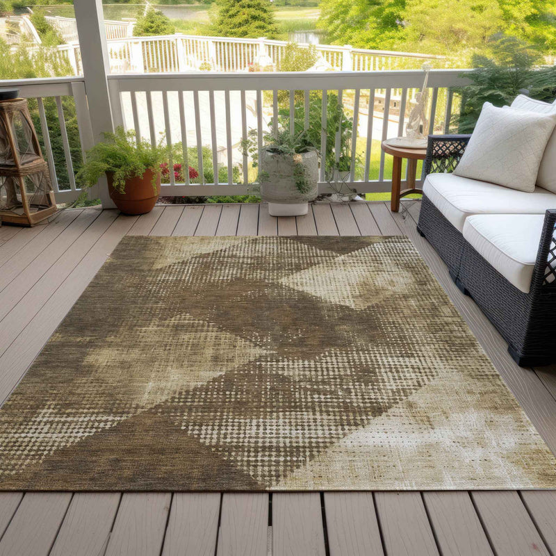 10' X 14' Brown And Beige Geometric Washable Indoor Outdoor Area Rug