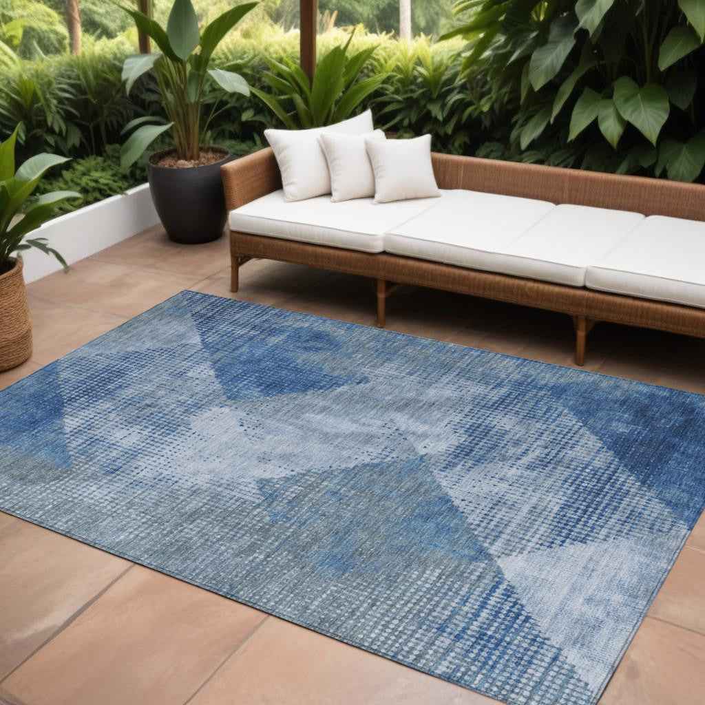 10' X 14' Blue And Gray Geometric Washable Indoor Outdoor Area Rug