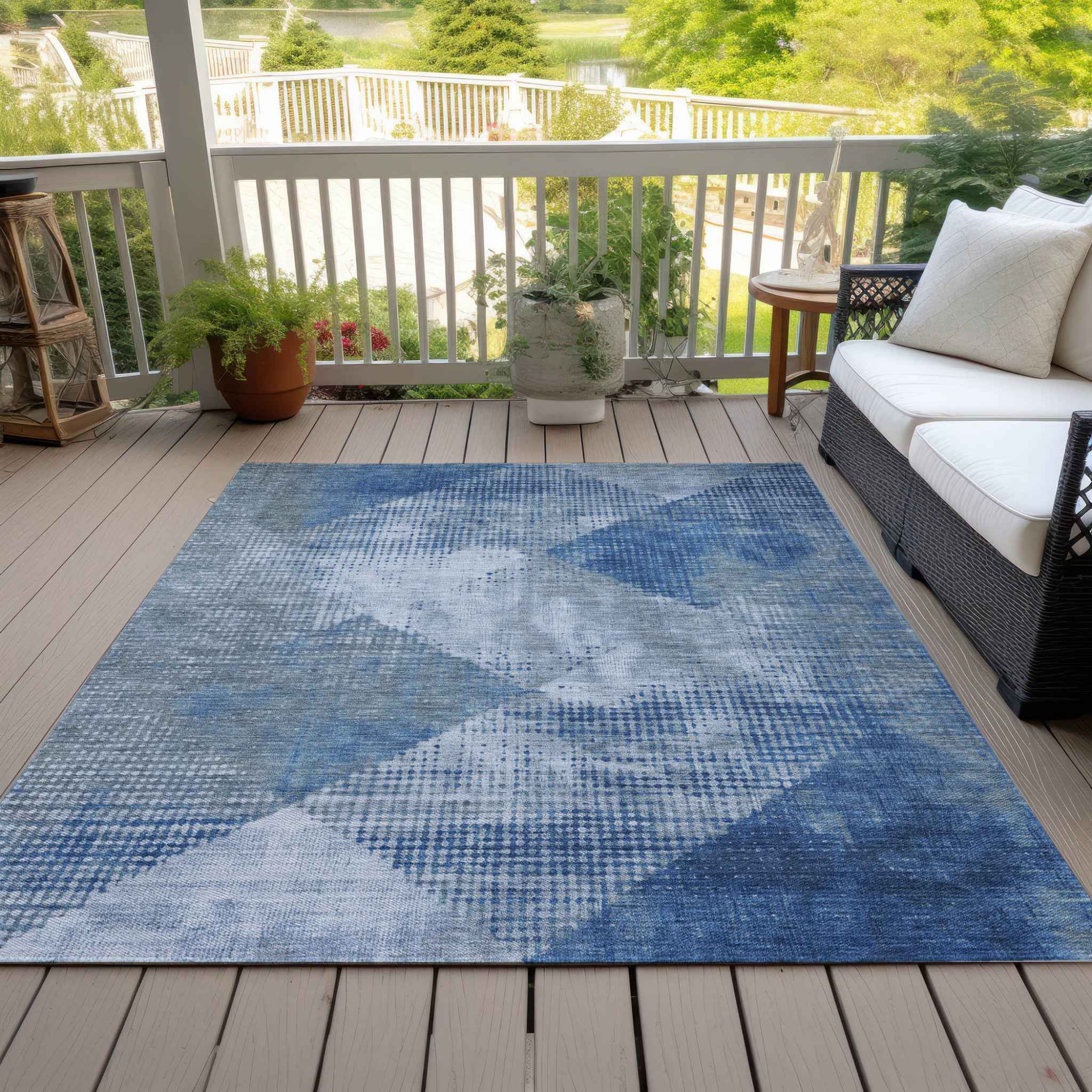 10' X 14' Blue And Gray Geometric Washable Indoor Outdoor Area Rug