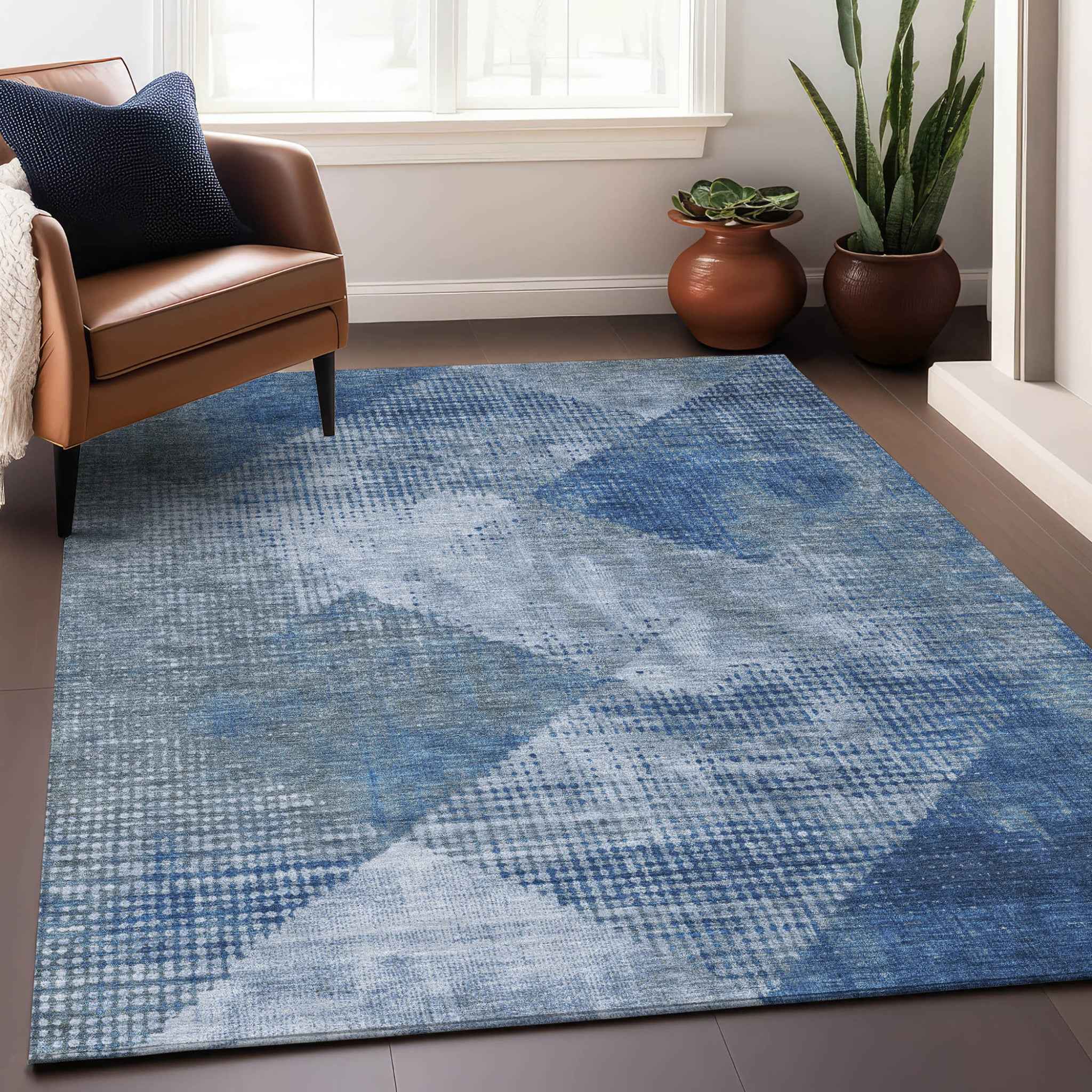 10' X 14' Blue And Gray Geometric Washable Indoor Outdoor Area Rug