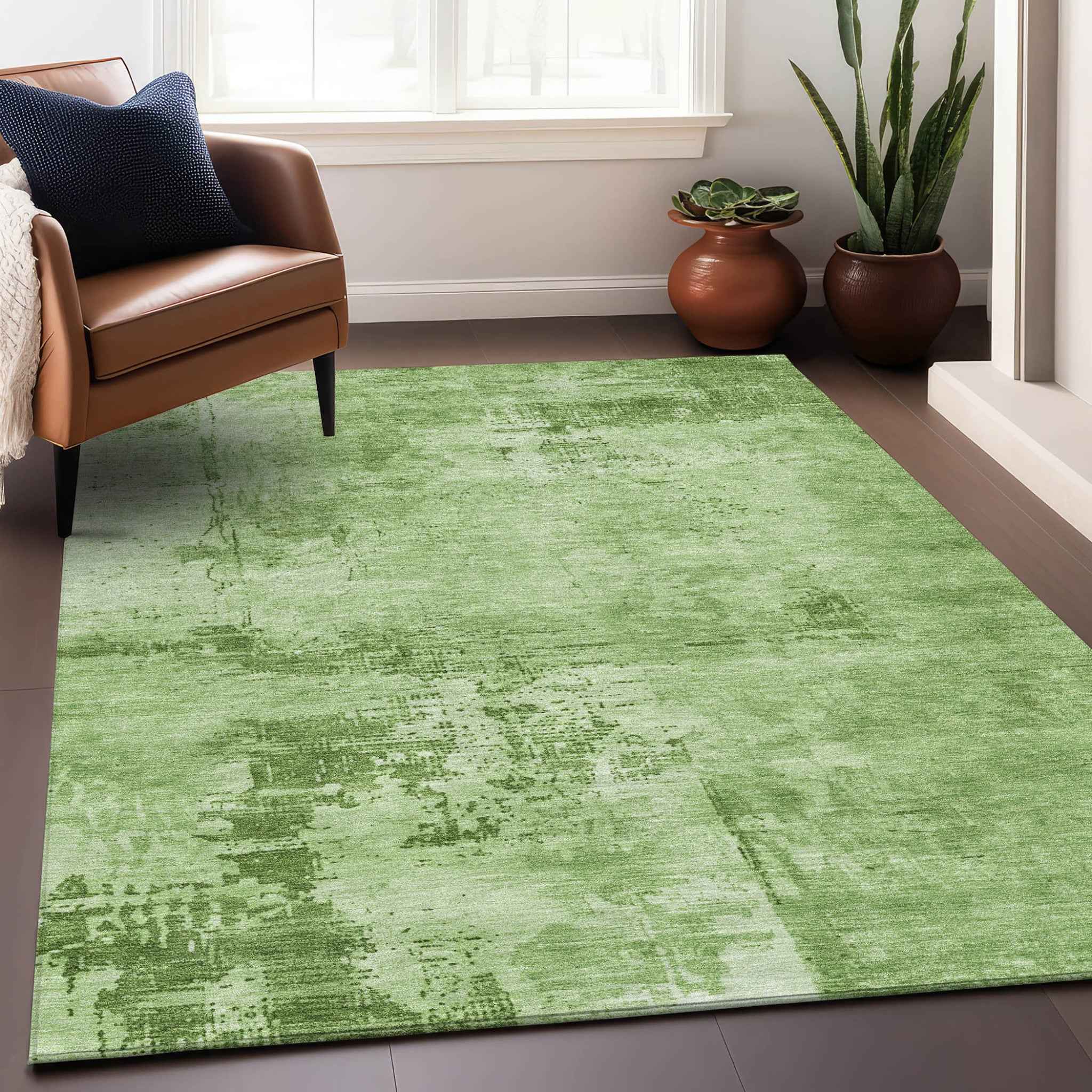 5' X 8' Green And Ivory Abstract Washable Indoor Outdoor Area Rug