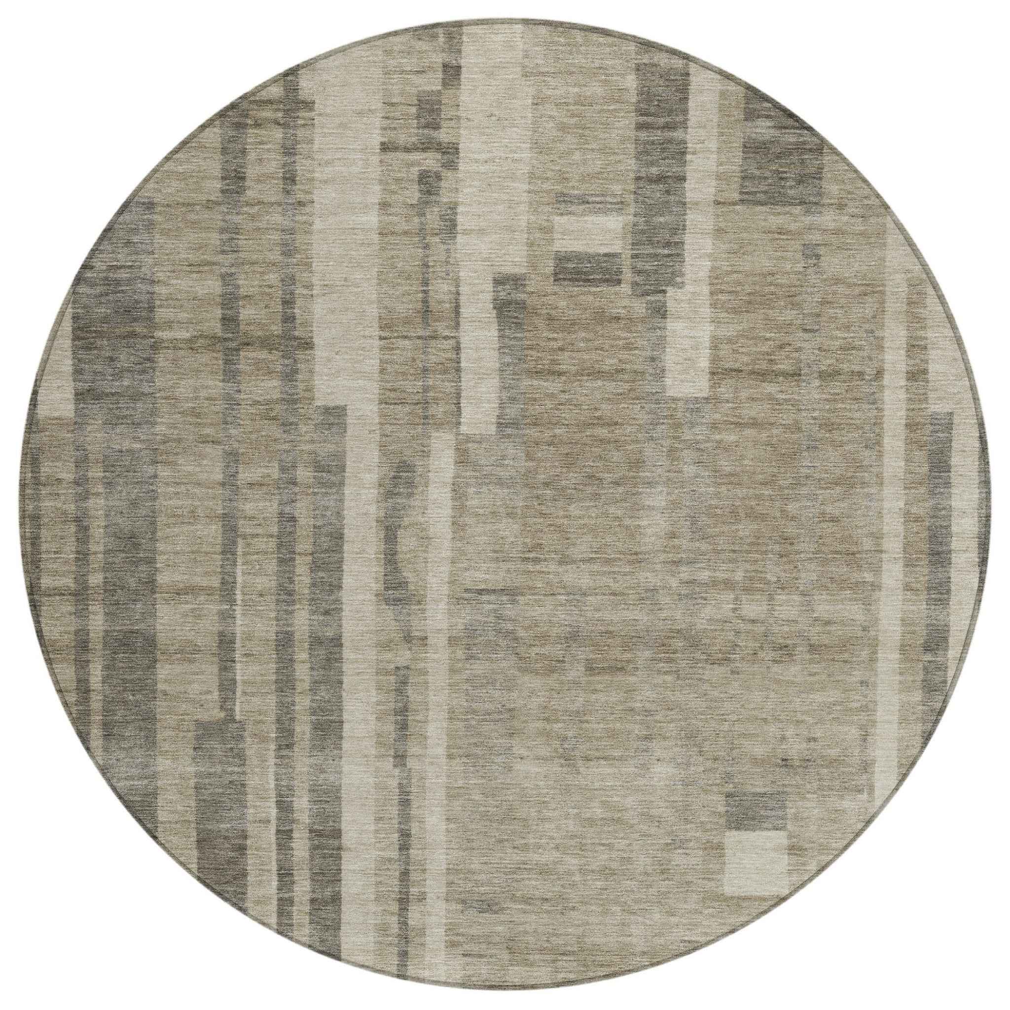 8' Taupe And Dark Gray Round Striped Washable Indoor Outdoor Area Rug