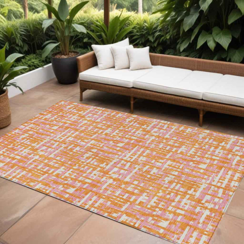 8' X 10' Orange Pink And Beige Abstract Washable Indoor Outdoor Area Rug