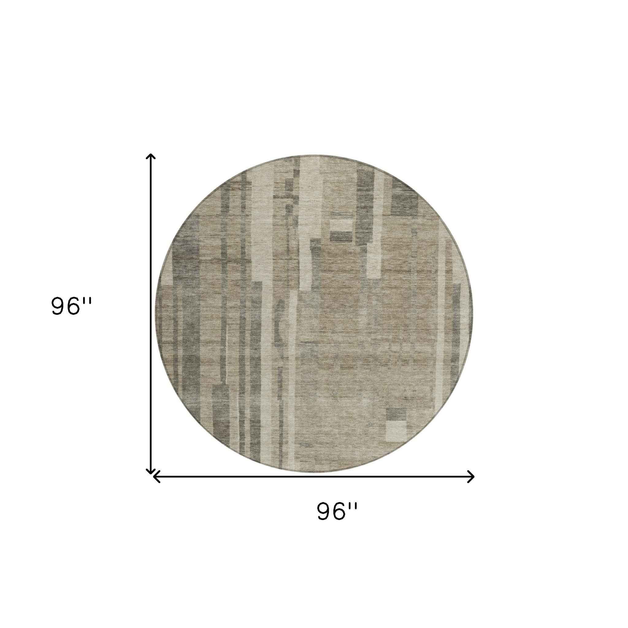 8' Taupe And Dark Gray Round Striped Washable Indoor Outdoor Area Rug