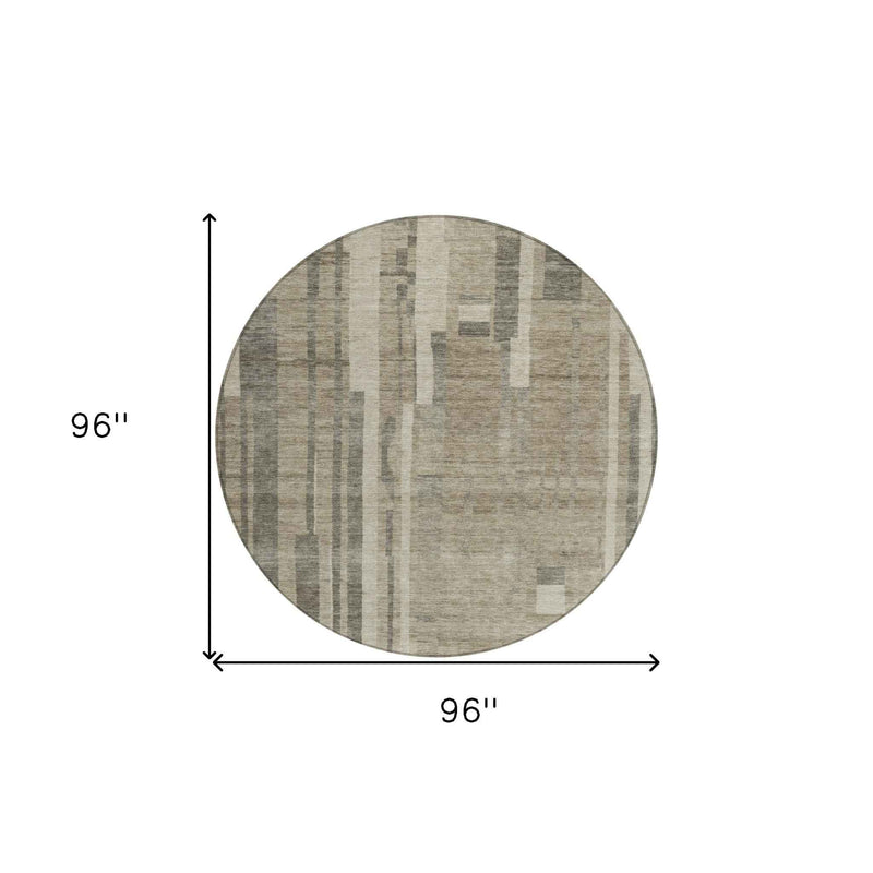 8' Taupe And Dark Gray Round Striped Washable Indoor Outdoor Area Rug