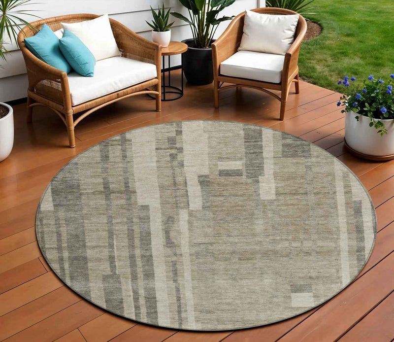 8' Taupe And Dark Gray Round Striped Washable Indoor Outdoor Area Rug