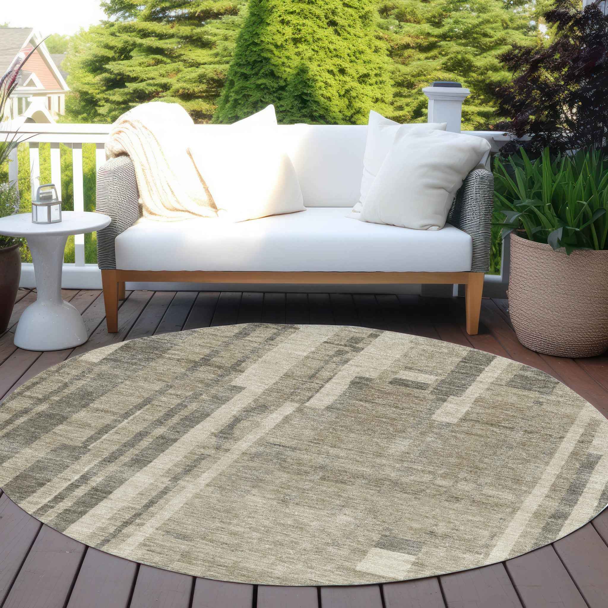 8' Taupe And Dark Gray Round Striped Washable Indoor Outdoor Area Rug