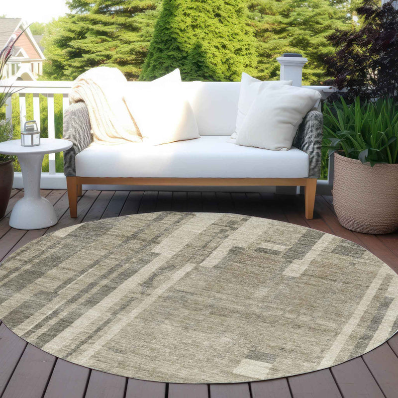 8' Taupe And Dark Gray Round Striped Washable Indoor Outdoor Area Rug
