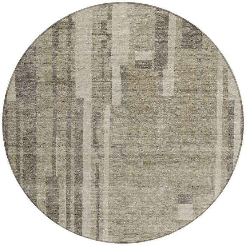 8' Taupe And Dark Gray Round Striped Washable Indoor Outdoor Area Rug