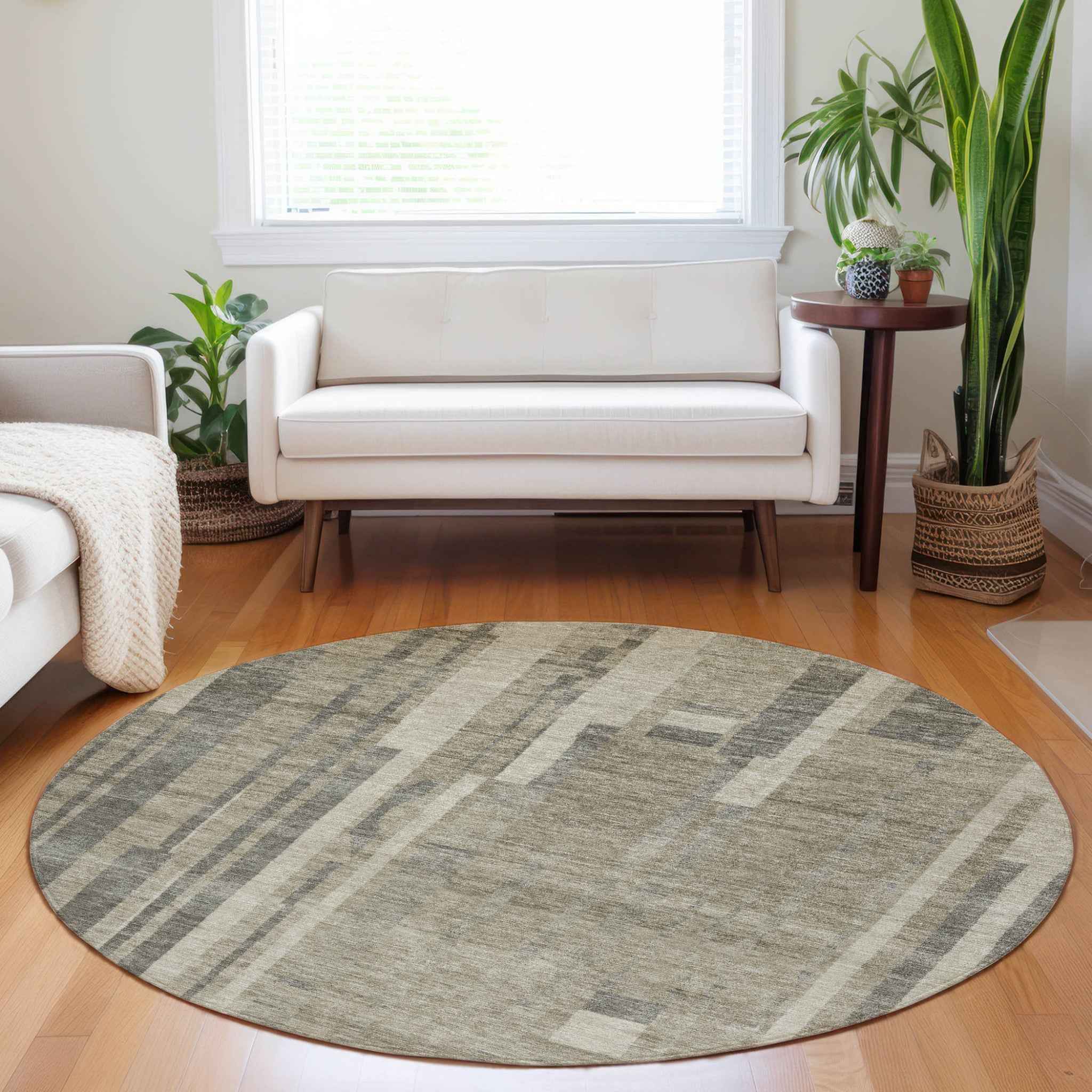 8' Taupe And Dark Gray Round Striped Washable Indoor Outdoor Area Rug