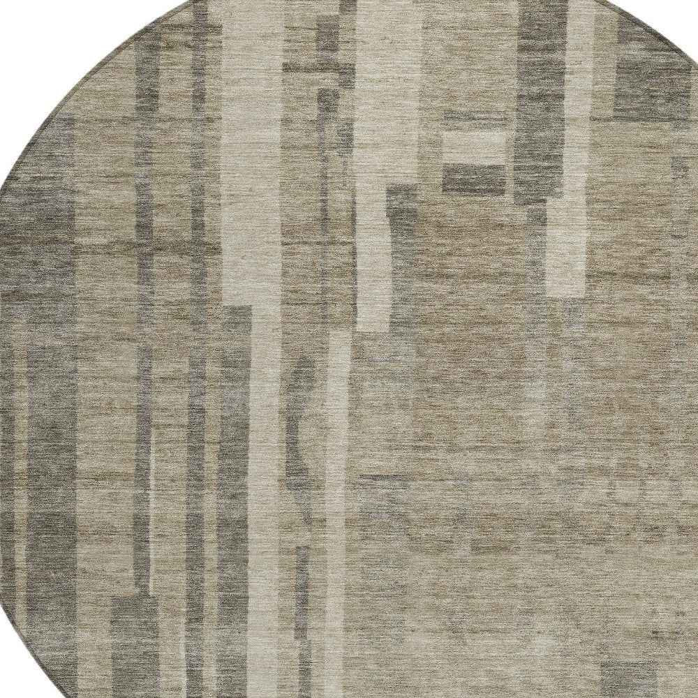 8' Taupe And Dark Gray Round Striped Washable Indoor Outdoor Area Rug
