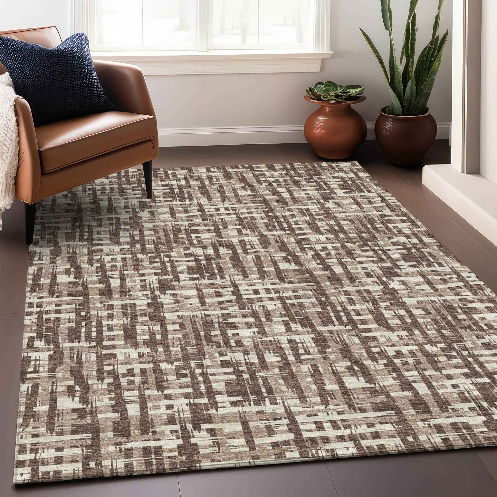 9' X 12' Brown Tan And Beige Abstract Washable Indoor Outdoor Area Rug
