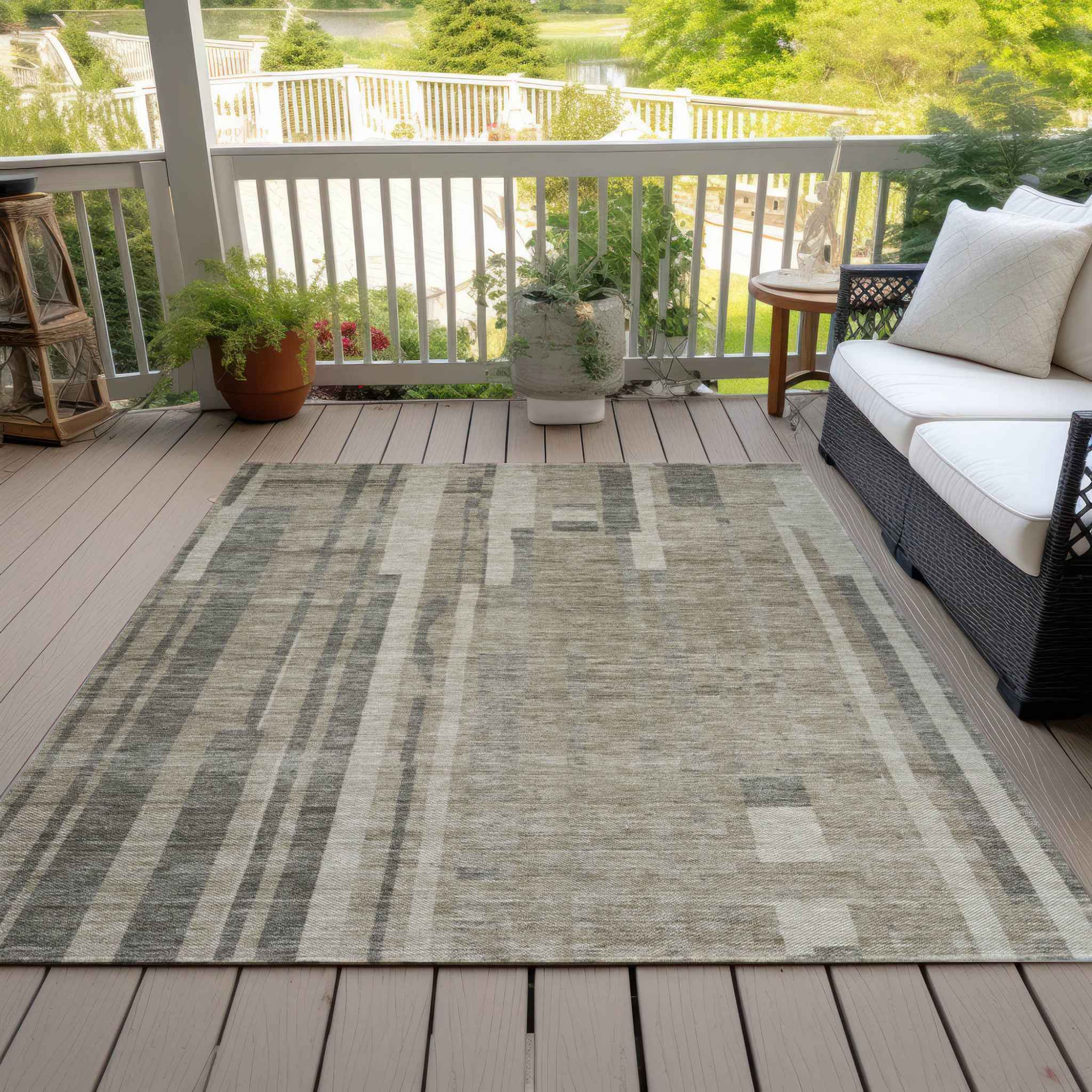 8' X 10' Taupe And Dark Gray Striped Washable Indoor Outdoor Area Rug