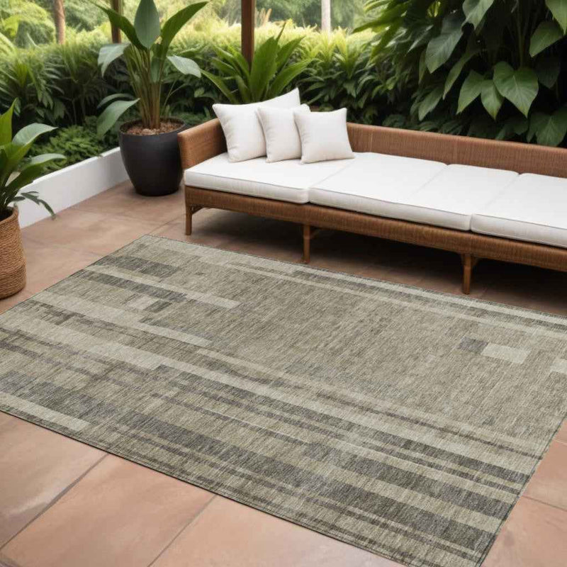 8' X 10' Taupe And Dark Gray Striped Washable Indoor Outdoor Area Rug