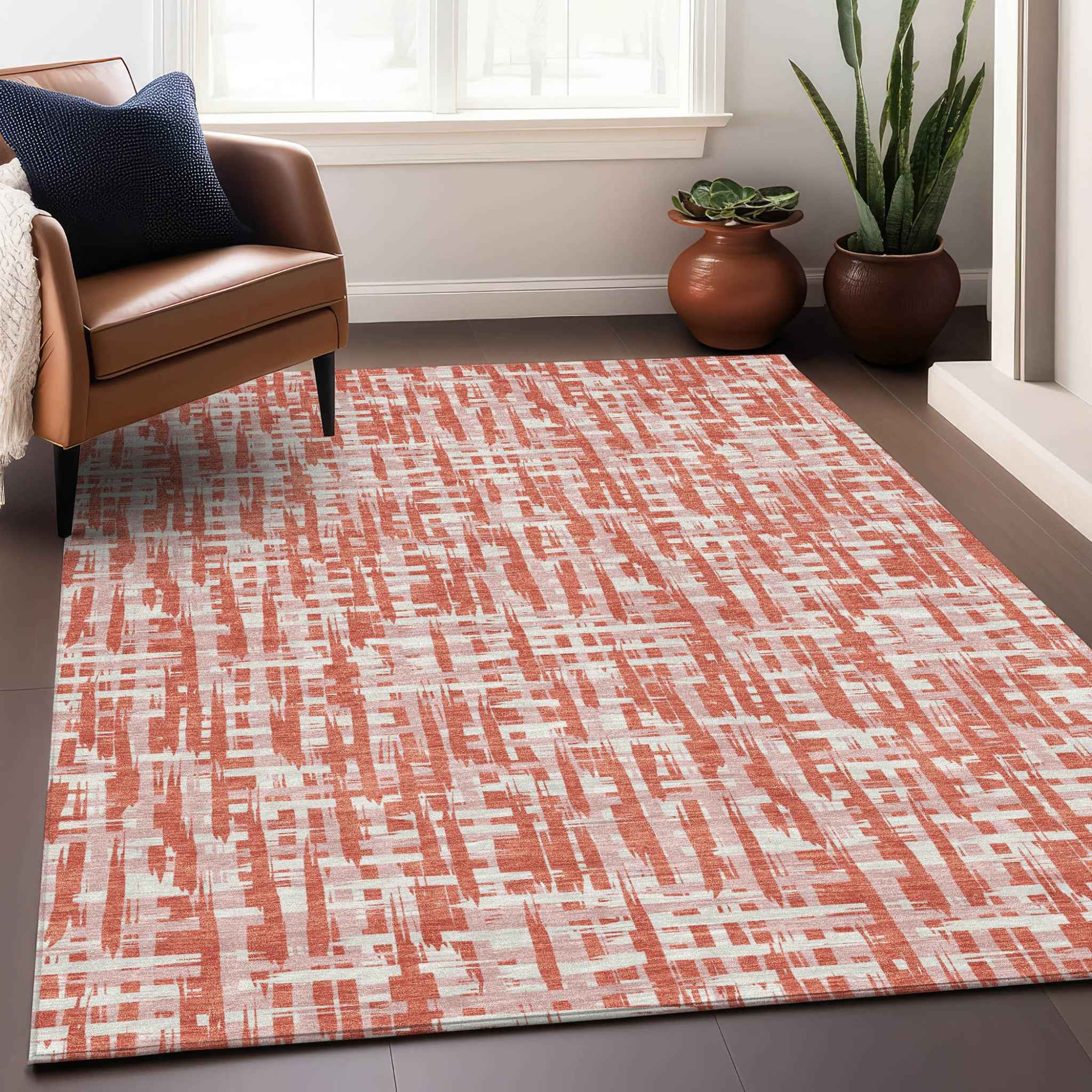10' X 14' Coral Pink And Ivory Abstract Washable Indoor Outdoor Area Rug