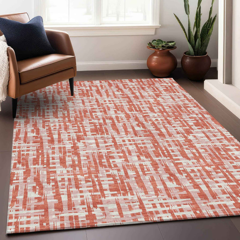 10' X 14' Coral Pink And Ivory Abstract Washable Indoor Outdoor Area Rug