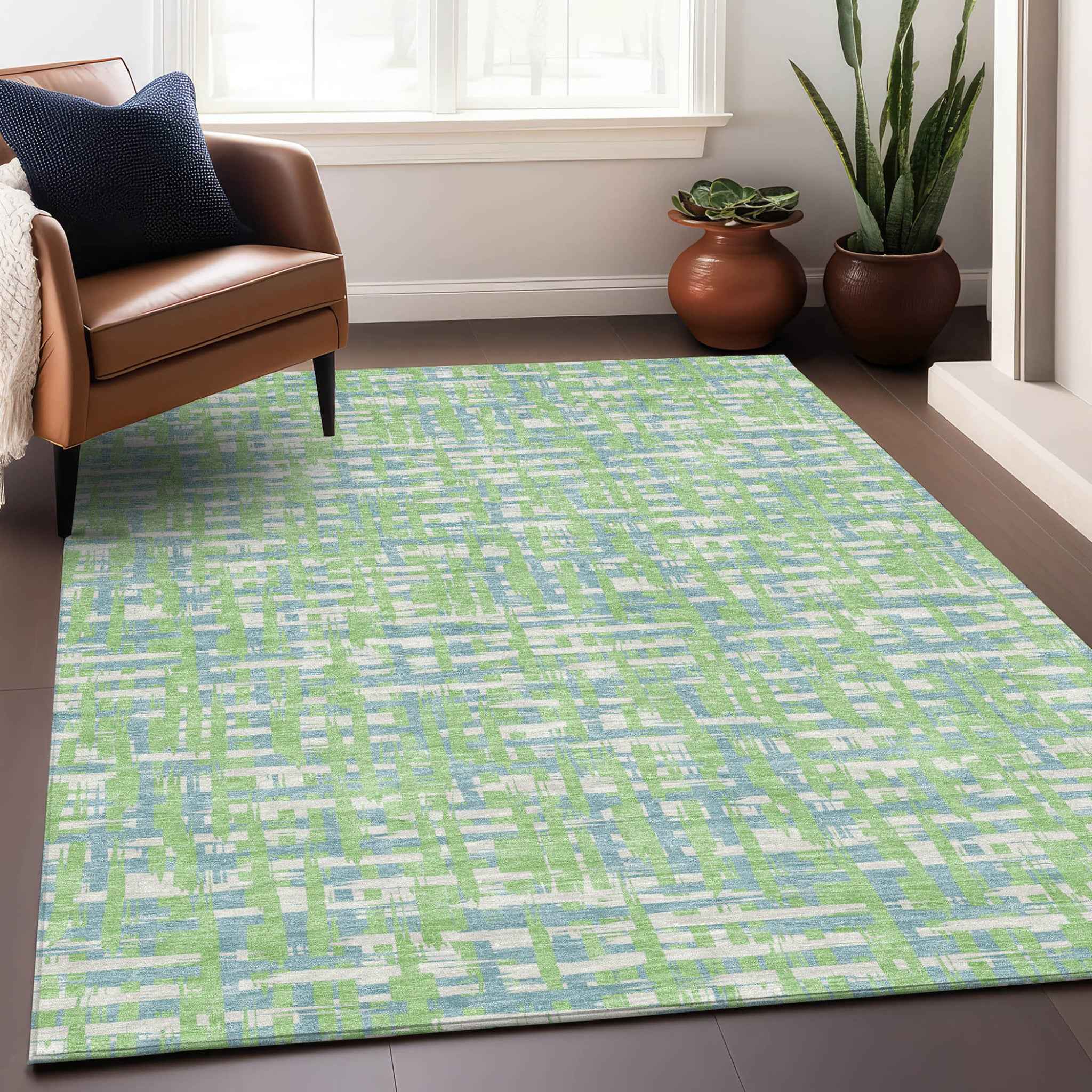3' X 5' Mint Green Blue And Beige Abstract Washable Indoor Outdoor Area Rug