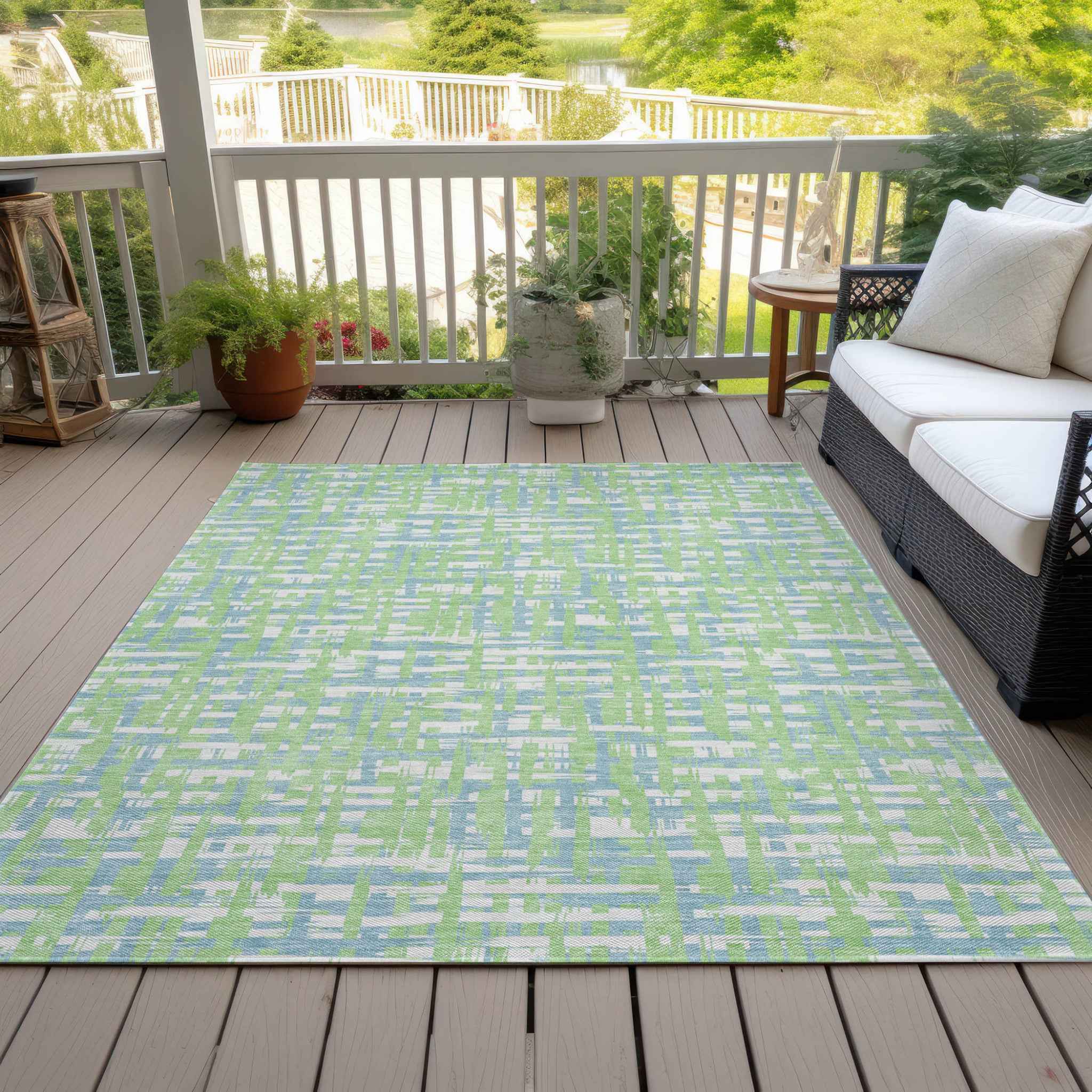 3' X 5' Mint Green Blue And Beige Abstract Washable Indoor Outdoor Area Rug