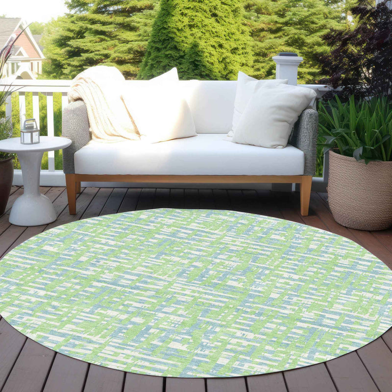8' Mint Green Blue And Beige Round Abstract Washable Indoor Outdoor Area Rug
