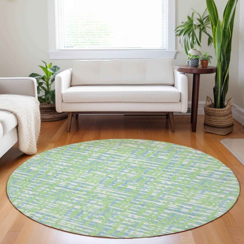 8' Mint Green Blue And Beige Round Abstract Washable Indoor Outdoor Area Rug
