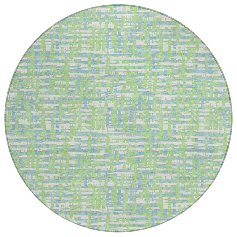 8' Mint Green Blue And Beige Round Abstract Washable Indoor Outdoor Area Rug