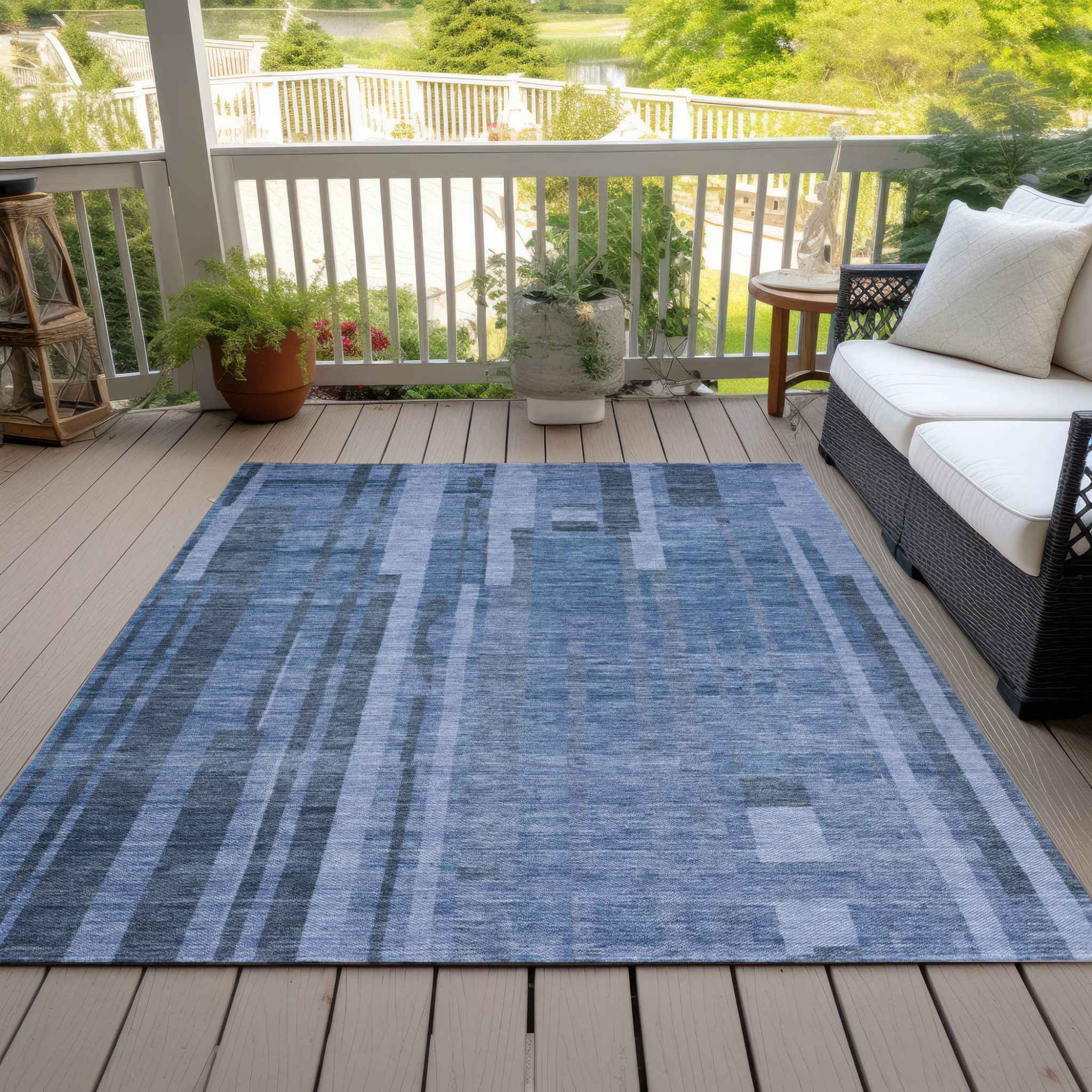 3' X 5' Navy Blue And Gray Striped Washable Indoor Outdoor Area Rug