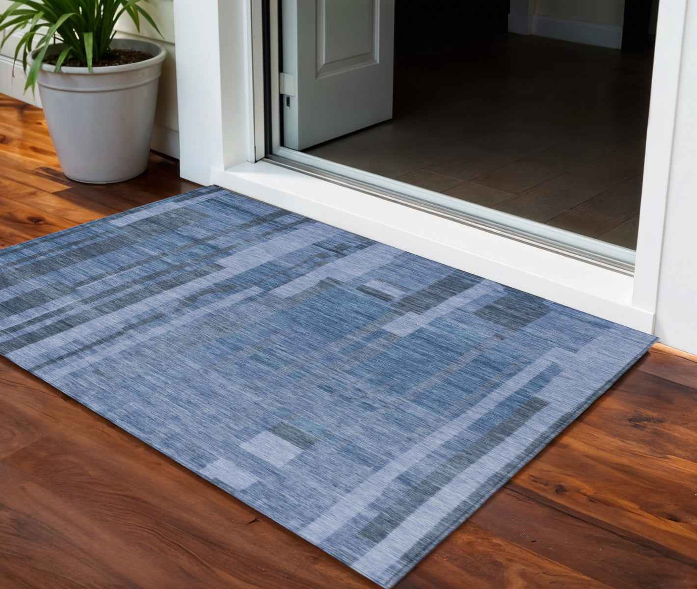 3' X 5' Navy Blue And Gray Striped Washable Indoor Outdoor Area Rug