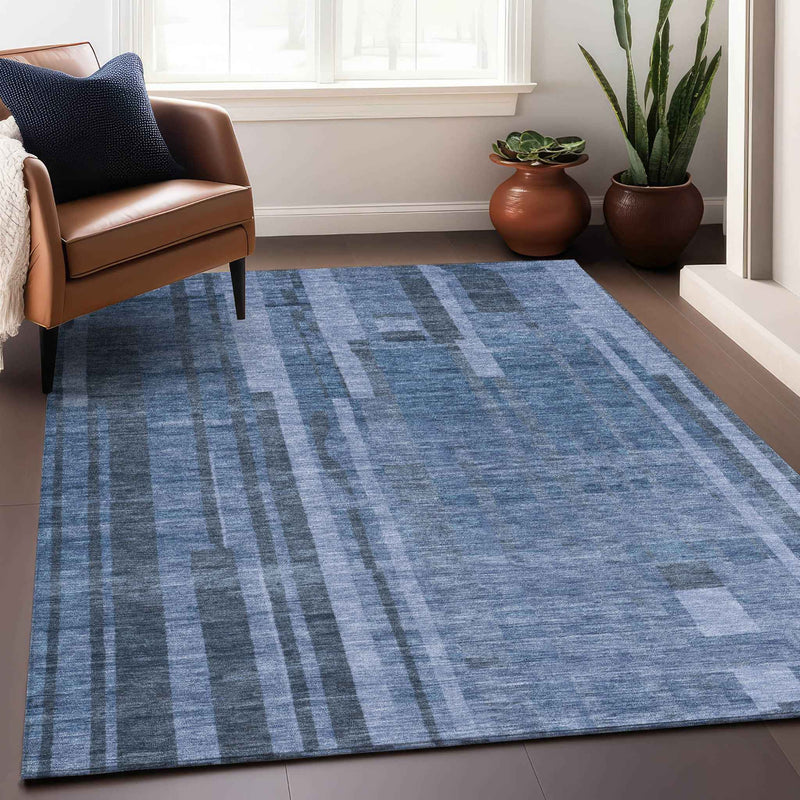 3' X 5' Navy Blue And Gray Striped Washable Indoor Outdoor Area Rug