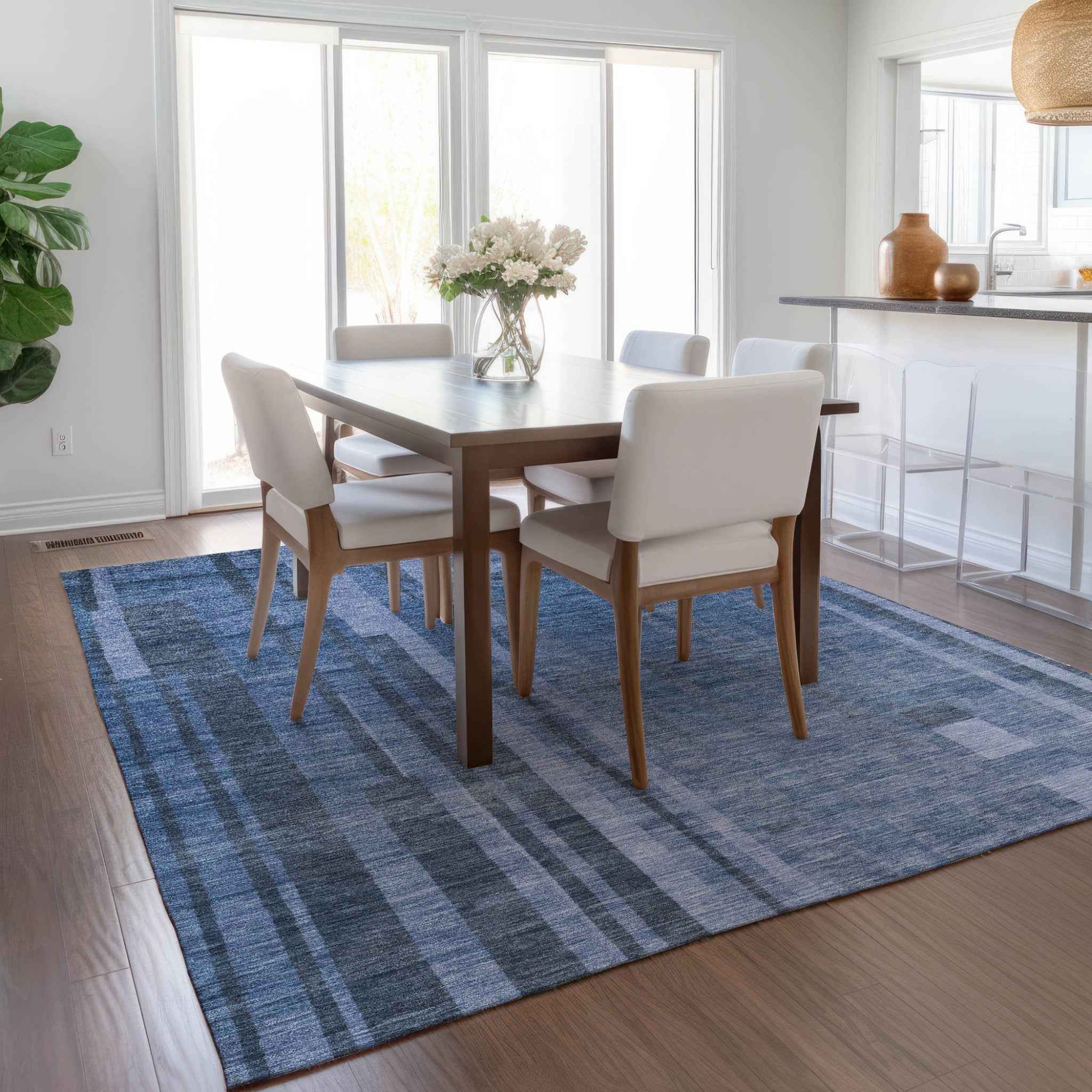 3' X 5' Navy Blue And Gray Striped Washable Indoor Outdoor Area Rug